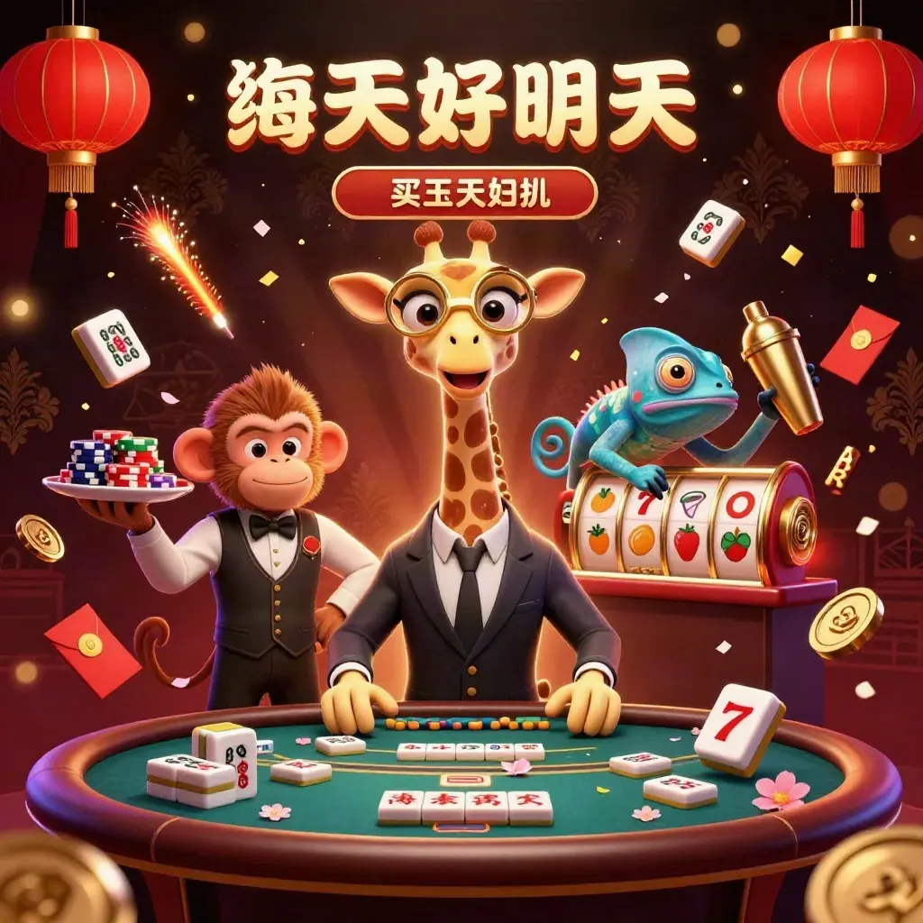 Giraffe, monkey valet, and chameleon bartender amid casino treasure and neon light.