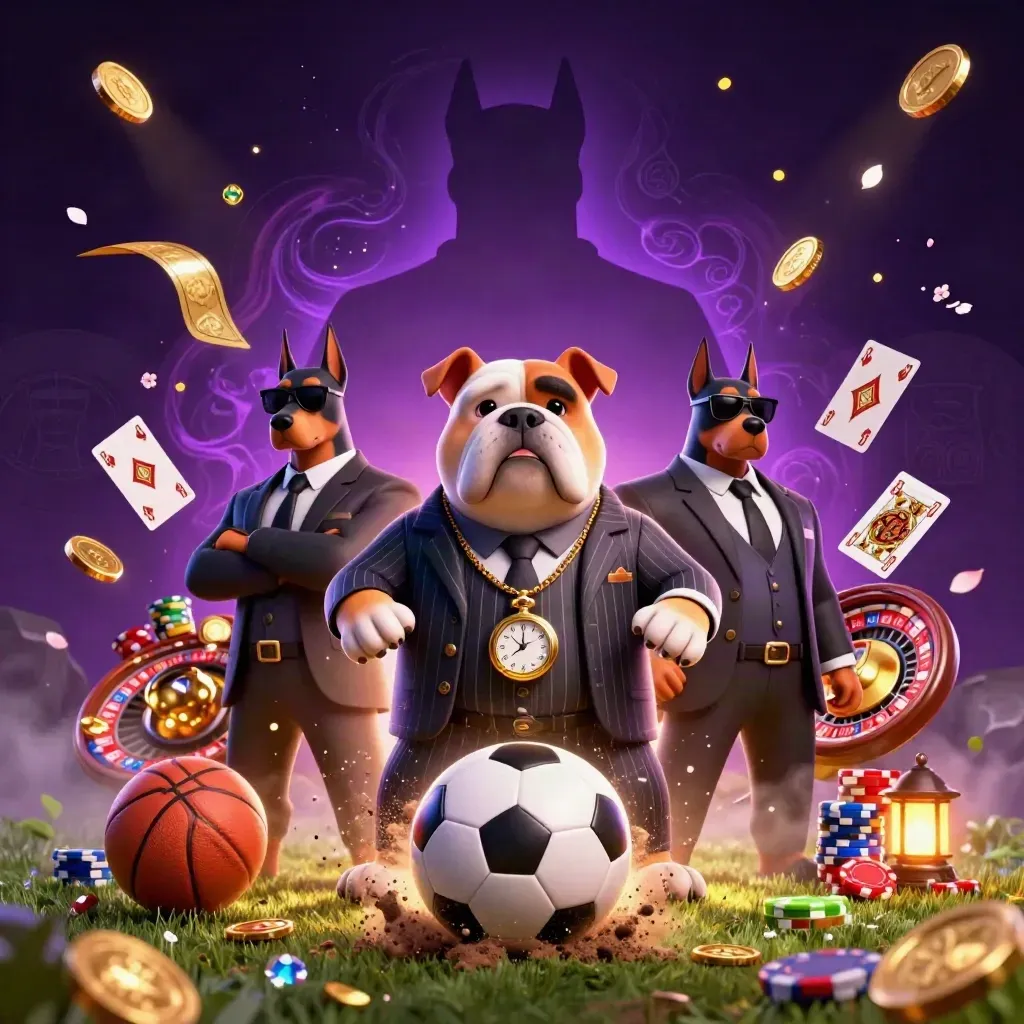 Bulldog boss and Dobermans amid casino sports chaos, coins, turf spray, and neon lights.