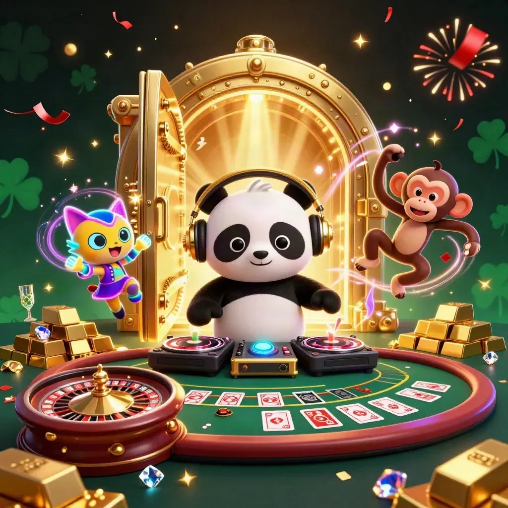 Panda DJ, dancing monkey, and glow-stick kitten amid casino gold, vault light, and fireworks