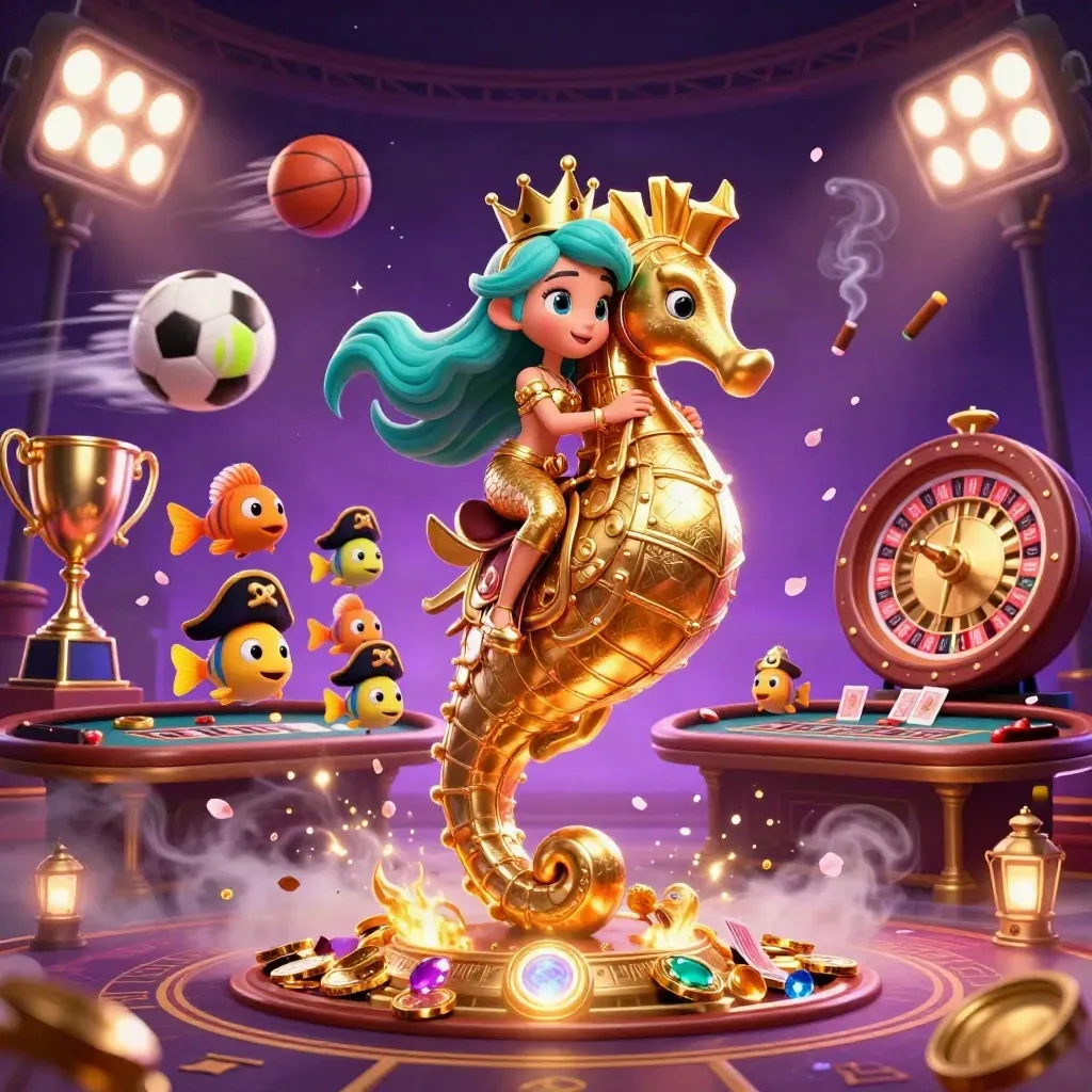 Mermaid princess on golden seahorse amid casino lights, sports balls, coins, and magical effects