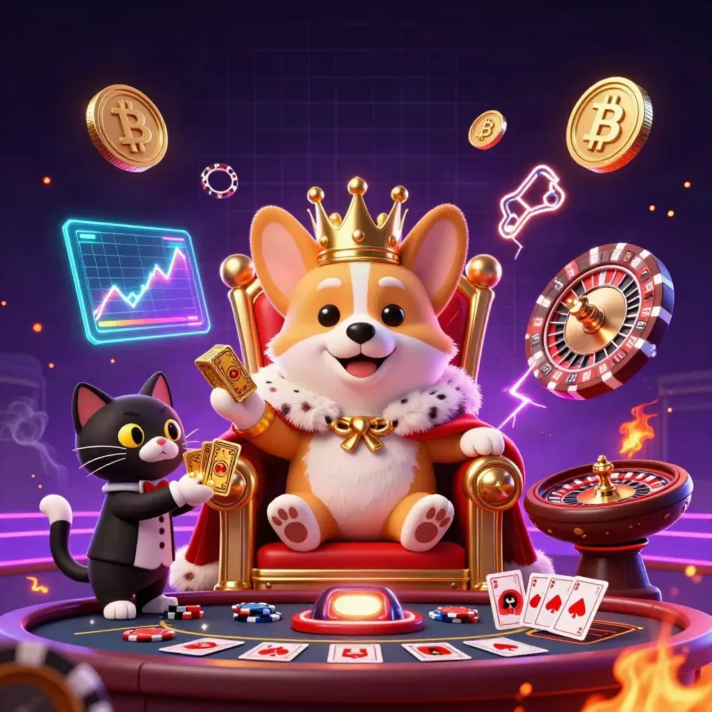 Royal corgi king and cat butler in a neon casino with spinning roulette, coins, and glowing effects