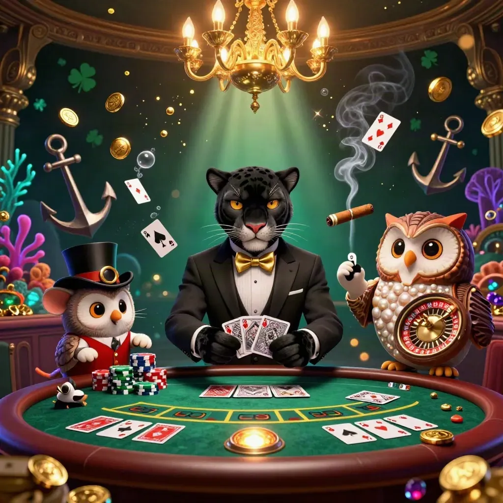 Panther, owl, and mouse in a luxe casino treasure cove with gold coins, cards, coral, and roulette.