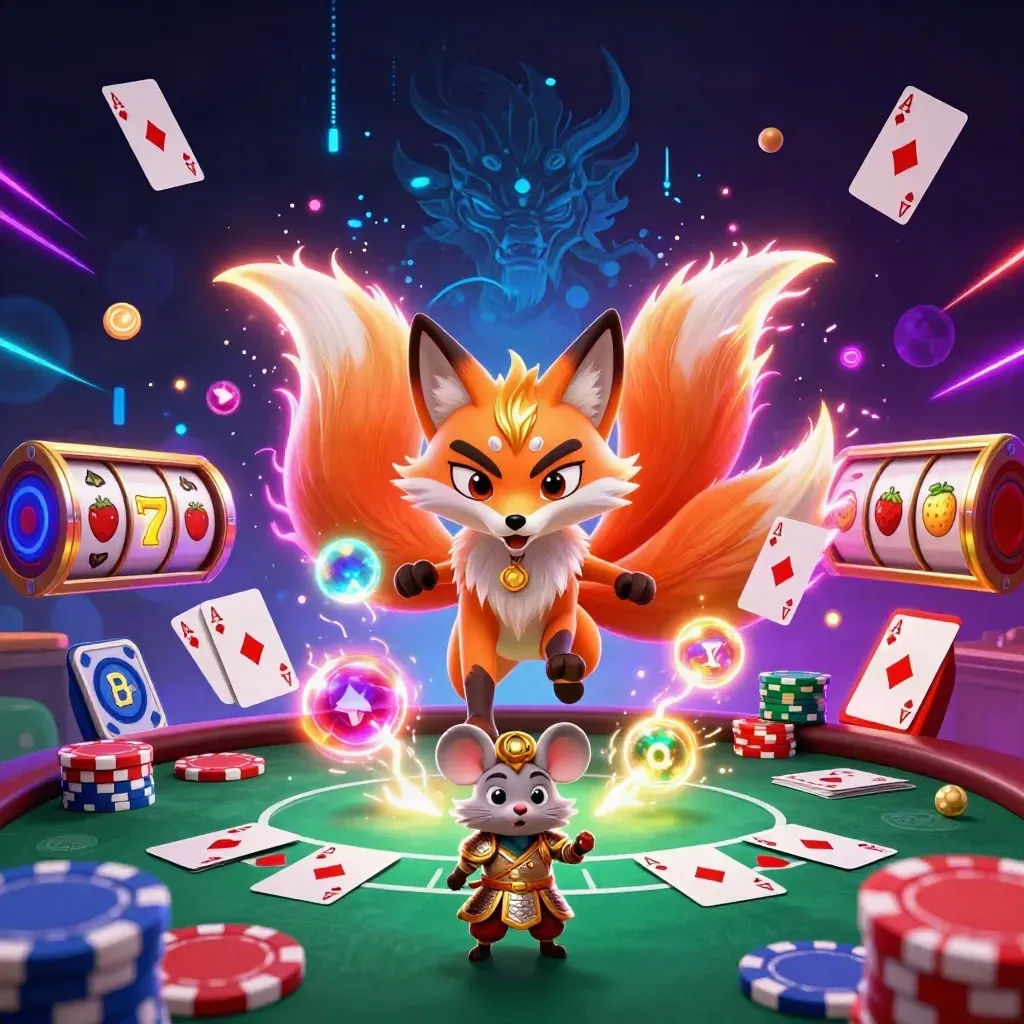 Nine-tailed fox and armored mouse amid poker chips, cards, neon energy and jackpot chaos.