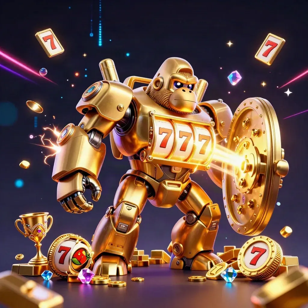 Golden gorilla mech bursts from a vault with gems, reels, and neon energy in a dark casino scene.