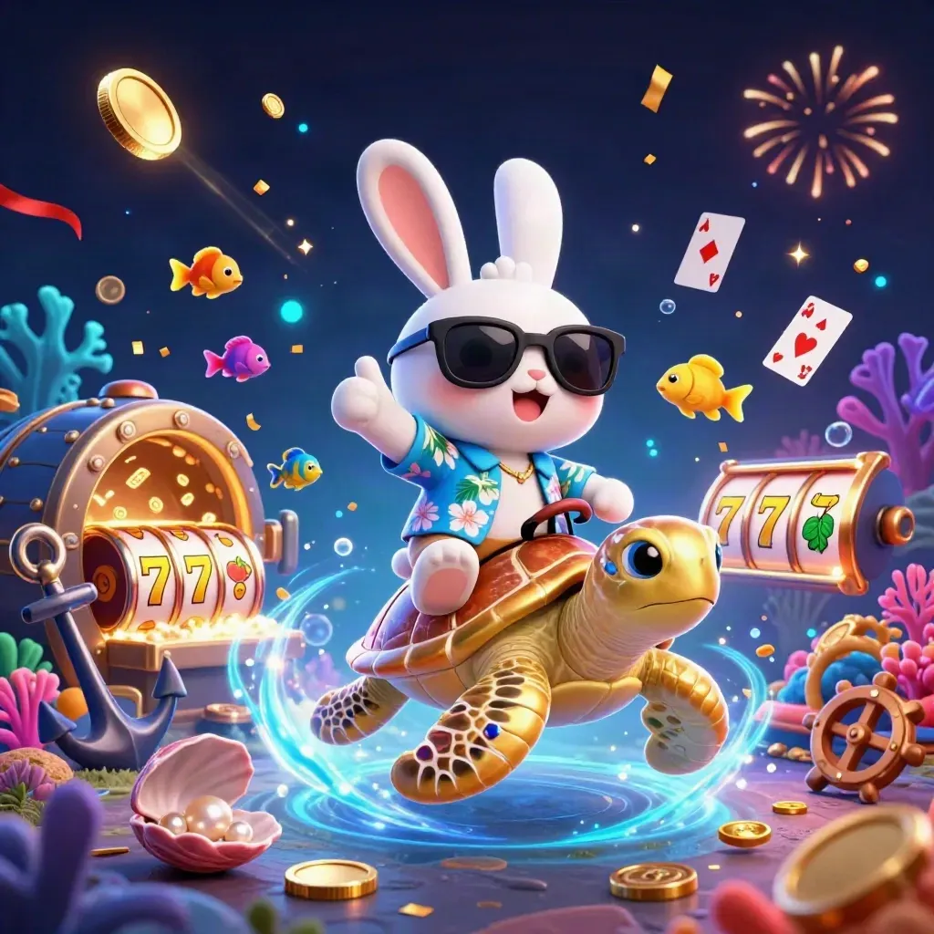 Lucky rabbit rides a golden turtle through a coin-filled treasure cove with fireworks and sparkles.