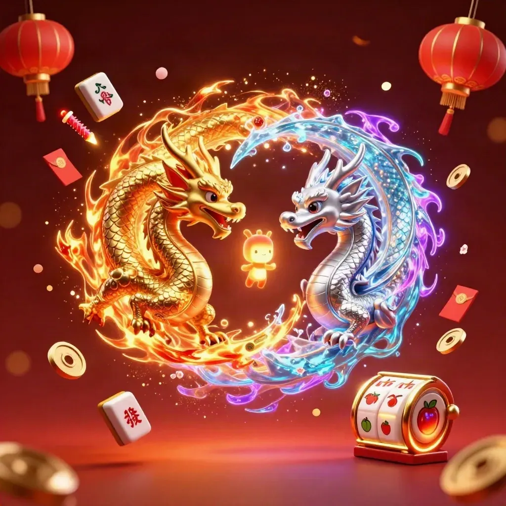 Gold and silver dragons spiral with lantern spirit, gems, and casino treasures in a fiery yin-yang burst.