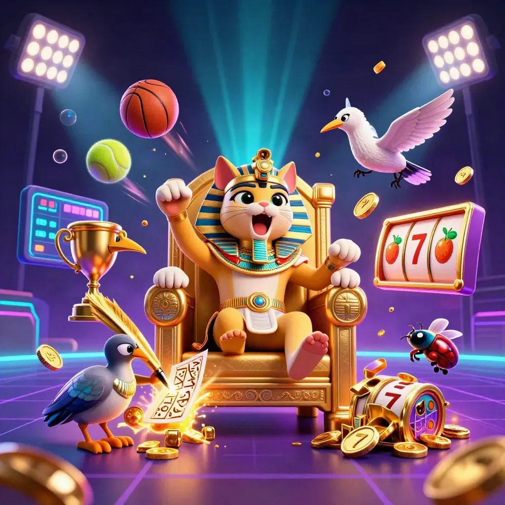 Pharaoh cat, ibis scribe, and scarabs amid casino treasures, sports balls, and neon gold glow.