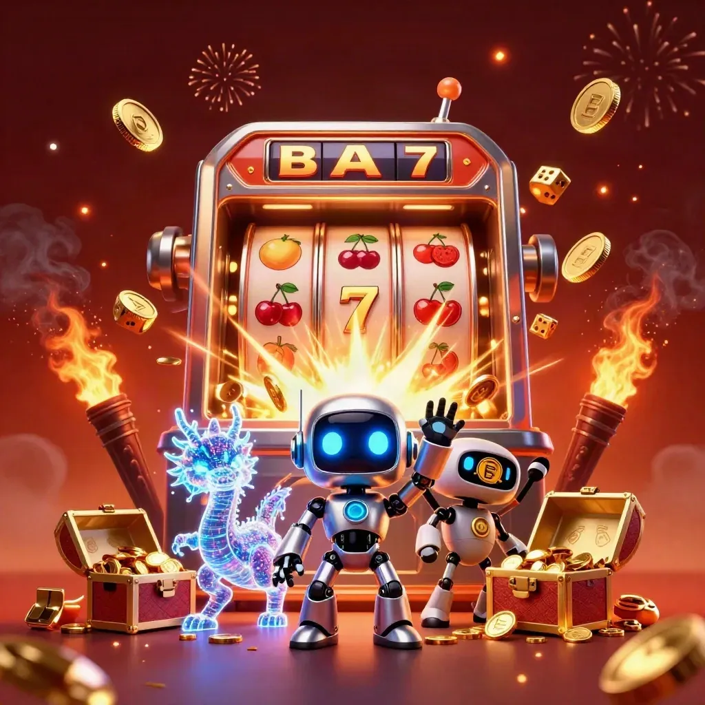 Cyberpunk robot, holographic dragon, and coin drone amid a bursting slot jackpot with gold coins and fireworks.