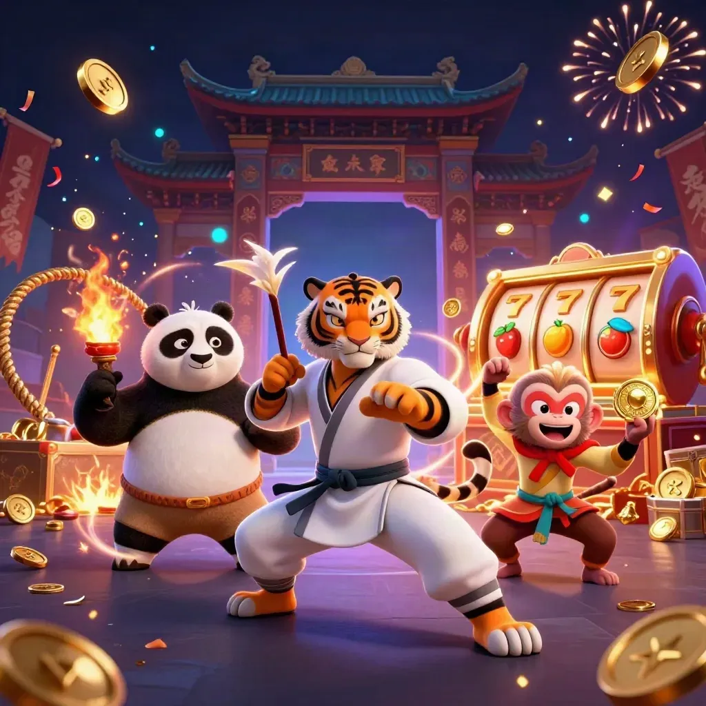 Kung-fu tiger, panda, and monkey amid casino loot, coins, fireworks, and neon slot symbols.