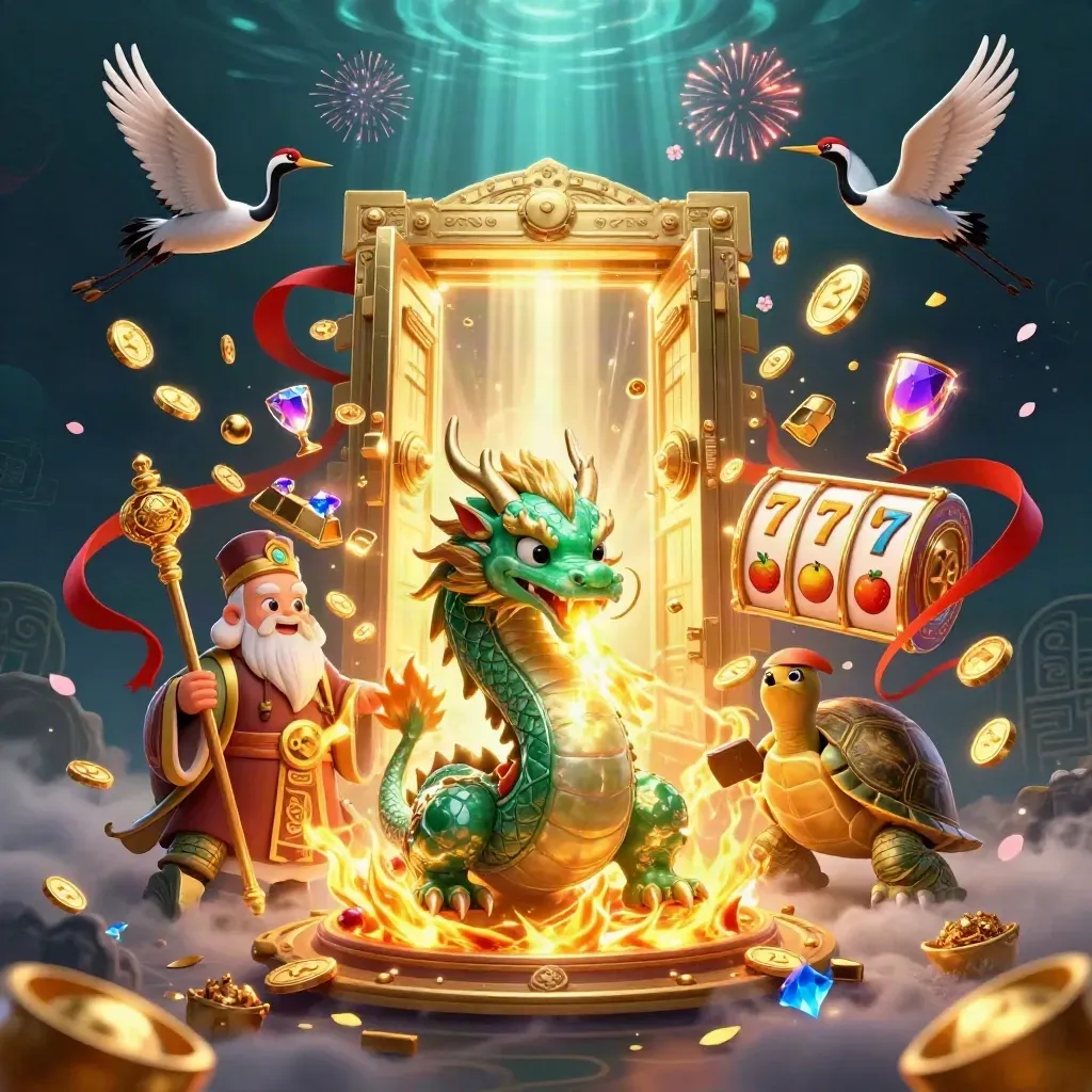 Dragon, turtle sage, and cranes burst from a golden vault amid coins, gems, and casino reels.