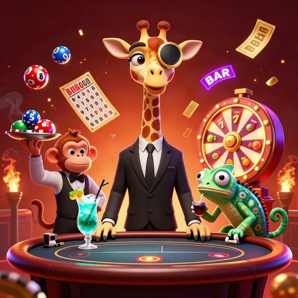 Giraffe high roller with monkey valet and chameleon bartender amid casino sparks and jackpot chaos