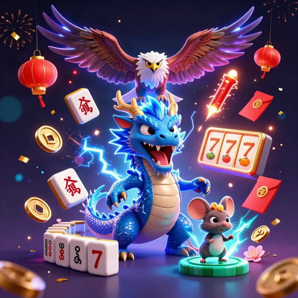 Thunder dragon, wind hawk and static mouse amid casino symbols, lightning and jackpot glow.