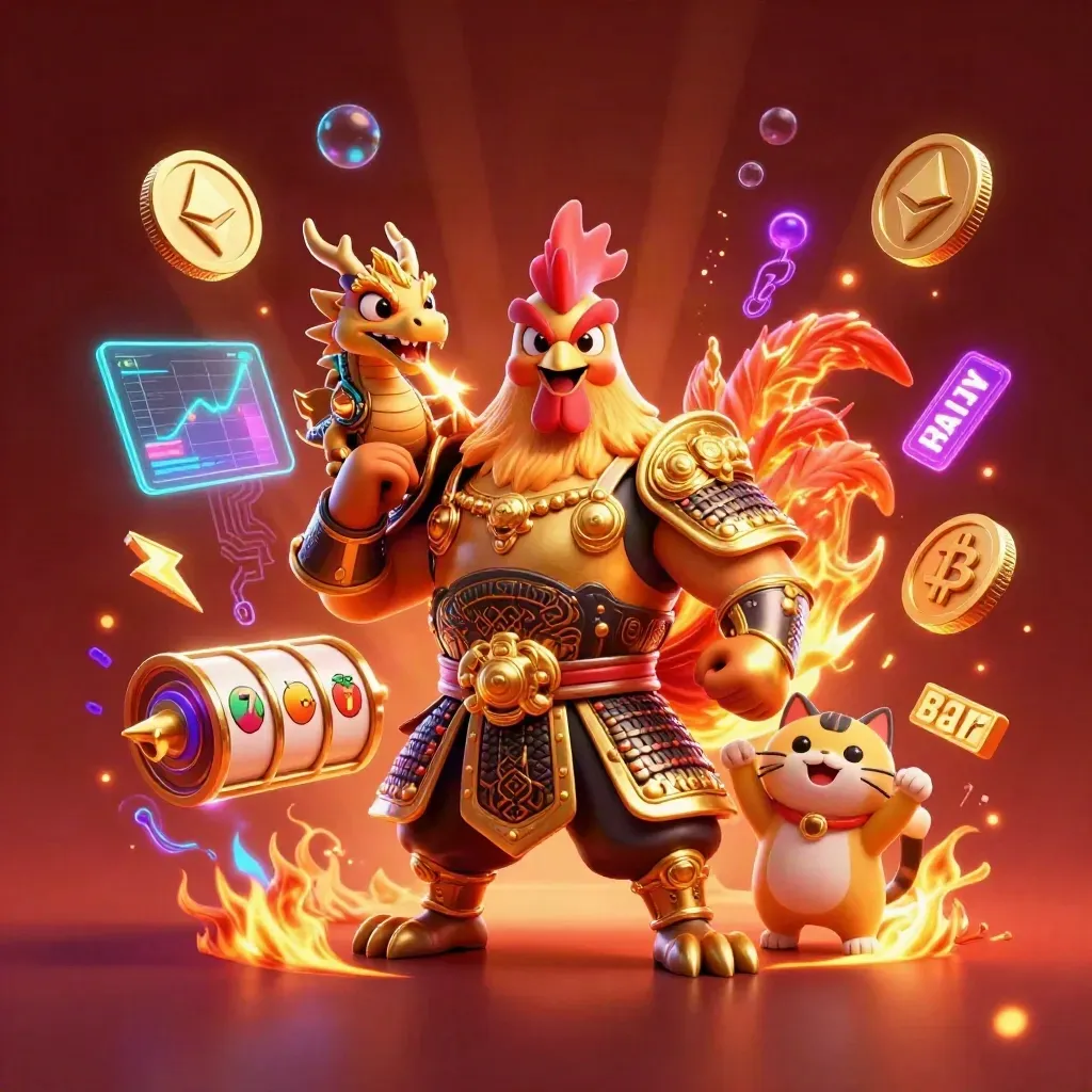 Rooster samurai, spark-breathing dragon hatchling, and cheering fortune cat amid casino energy