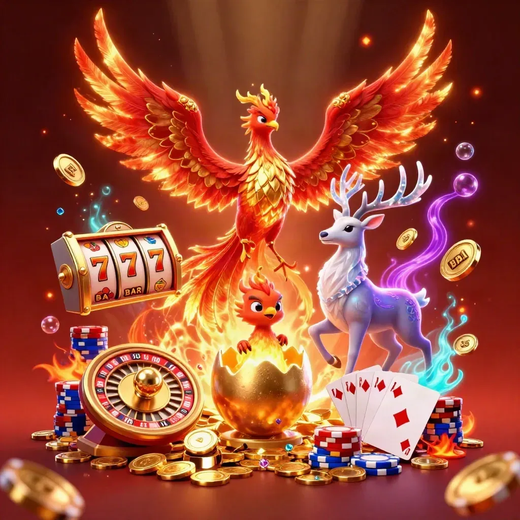 Phoenix, hatching chick, and crystal stag amid casino coins, cards, chips, and neon glow.