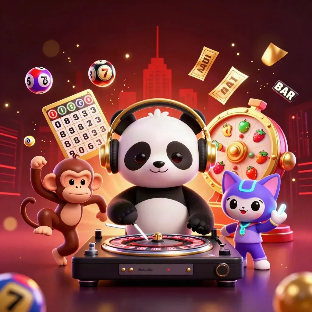 Panda DJ, dancing monkey, and glow-stick kitten amid jackpot wheels, balls, and neon casino sparks.
