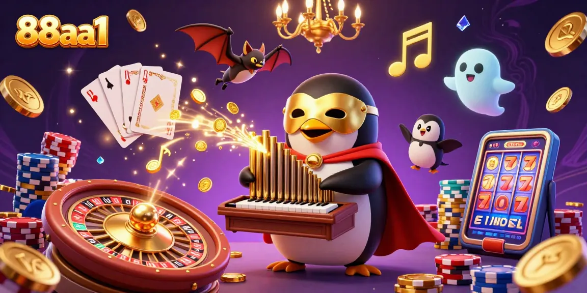 Experience dynamic gaming at 88aa1 with a penguin organist shooting coins in a vibrant casino scene.