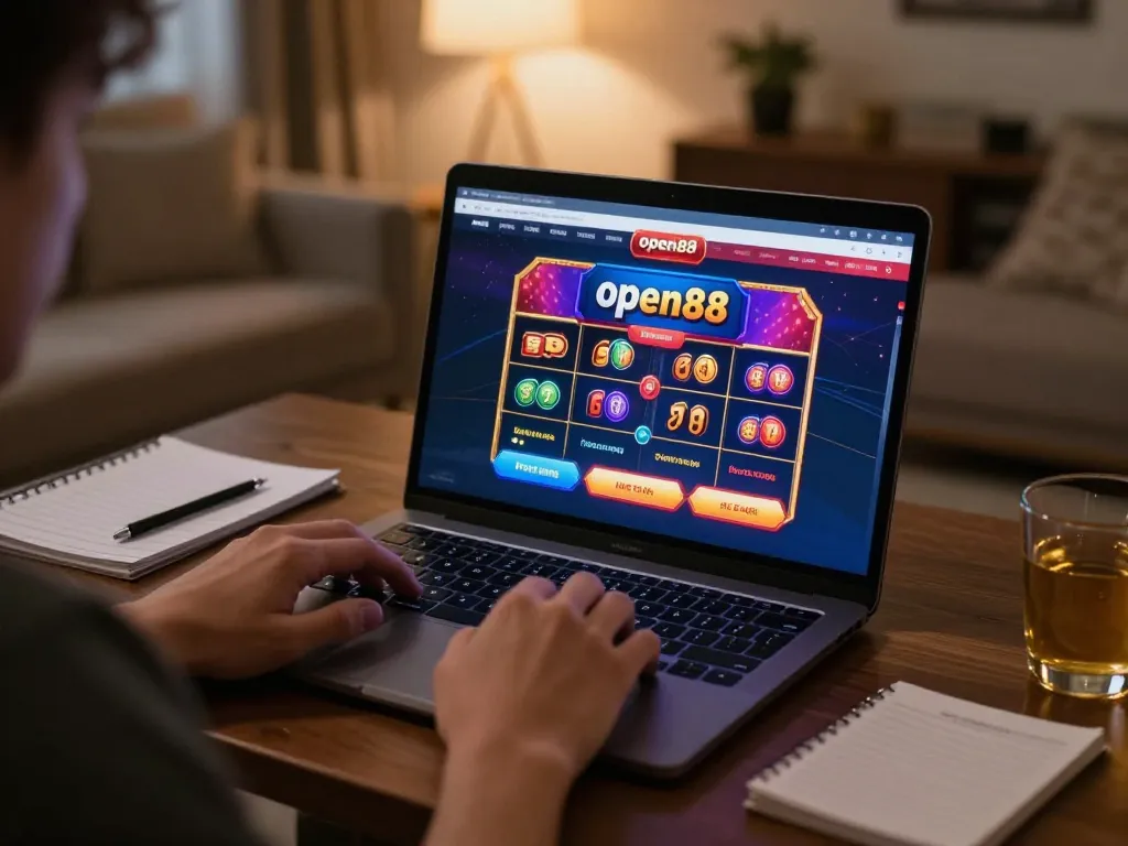 Player enjoying an engaging online gaming experience on open88 platform, in a cozy home environment.