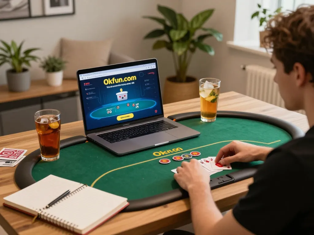 Engaged player enjoying poker on okfun com from a cozy home setup, with focus on gaming essentials.