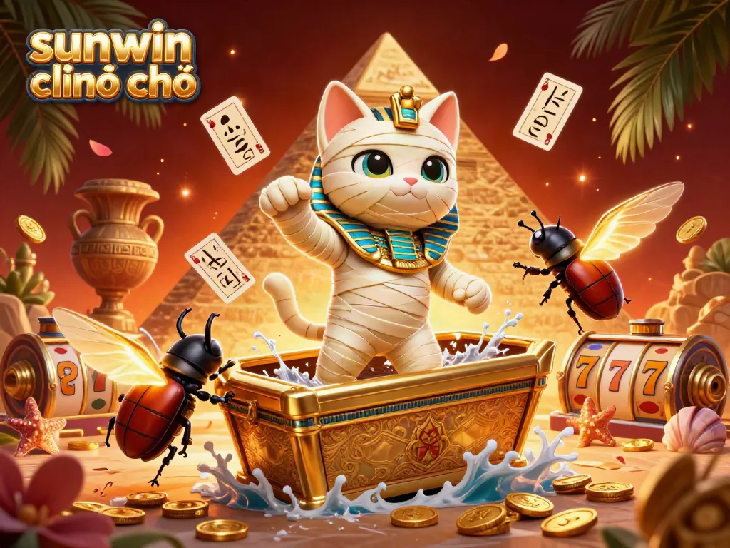 Experience the excitement of sunwin chính chủ with a vibrant Egyptian mummy cat and casino scene filled with gold.