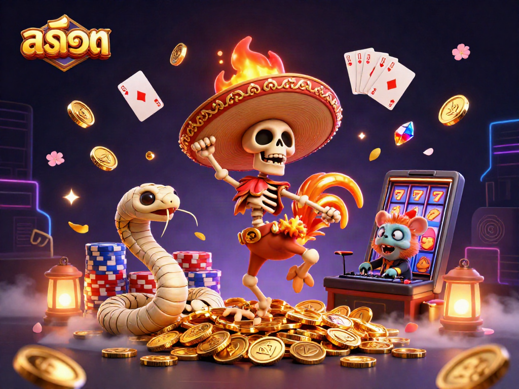 Experience thrilling สล็อต action with a dynamic mariachi rooster dancing among golden coins and vibrant casino elements.