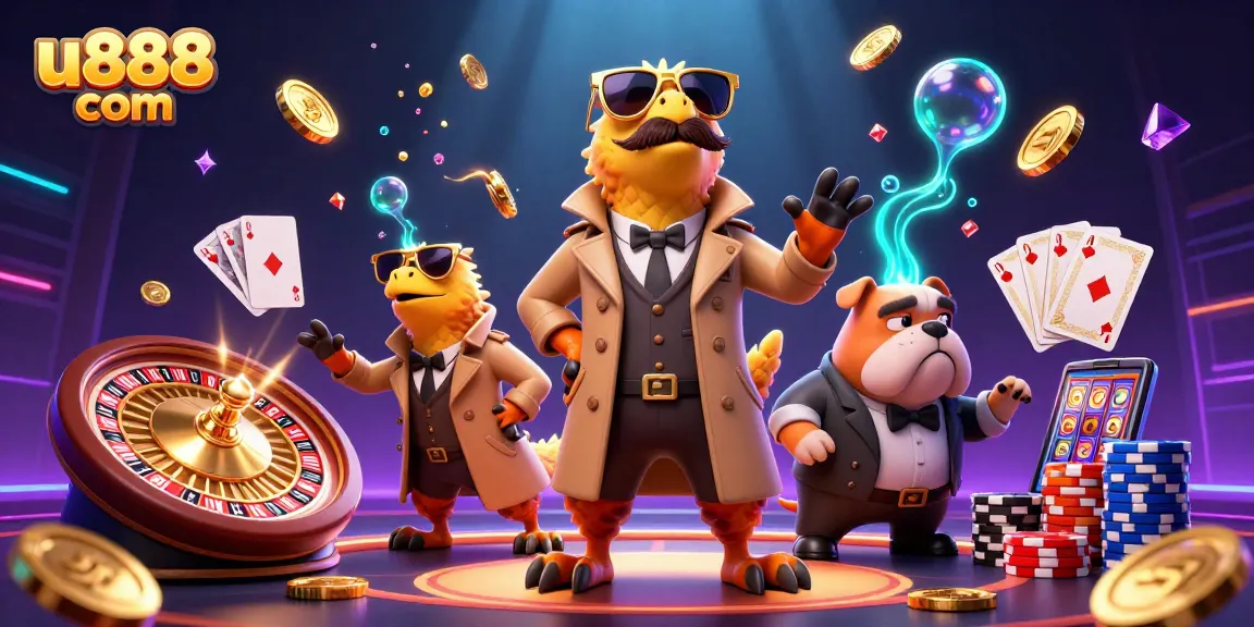 Join the fun at u888 com as three raptors hilariously attempt casino entry, surrounded by vibrant gaming elements.