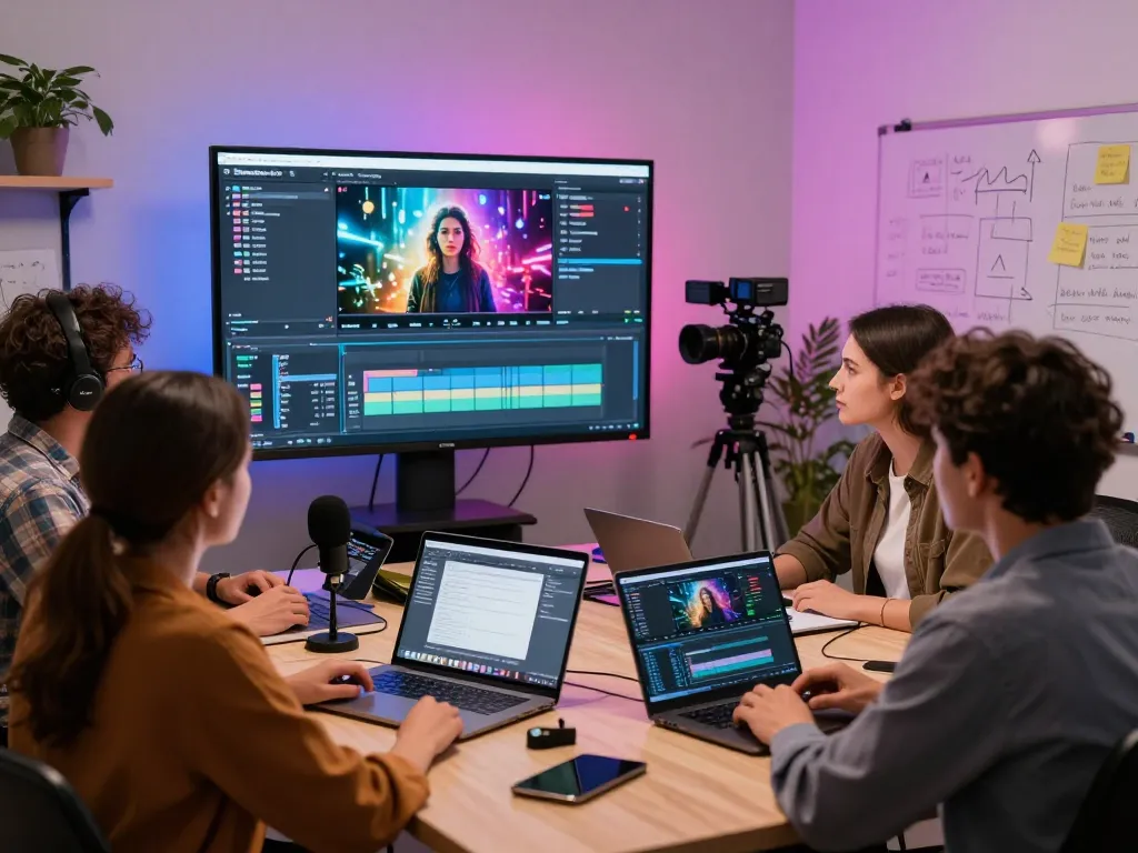 Creative professionals using seedance 2.0 for video production in a vibrant workspace.
