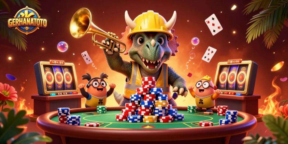 Serunya bermain di GERHANATOTO dengan triceratops membangun tumpukan chip poker di latar yang meriah.