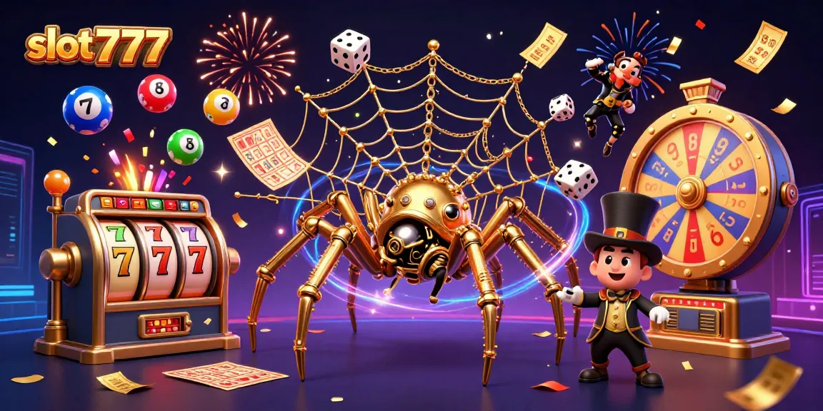 Experience the excitement of slot777 with a vibrant 3D illustration capturing dynamic slot reels and festive casino elements.