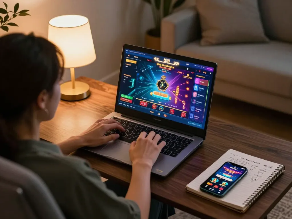 Engaging gameplay experience with tr88 interface on laptop, showcasing an immersive online casino setup.