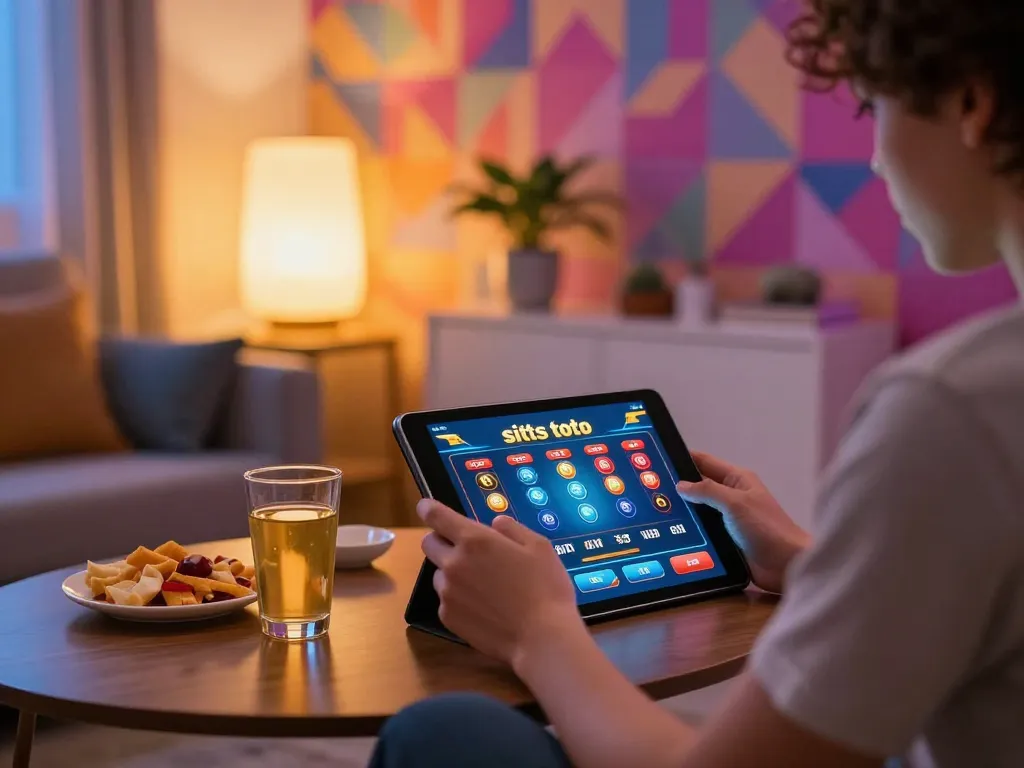 Pemain terlibat menikmati perjudian situs toto di tablet di rumah, menunjukkan permainan yang bertanggung jawab.