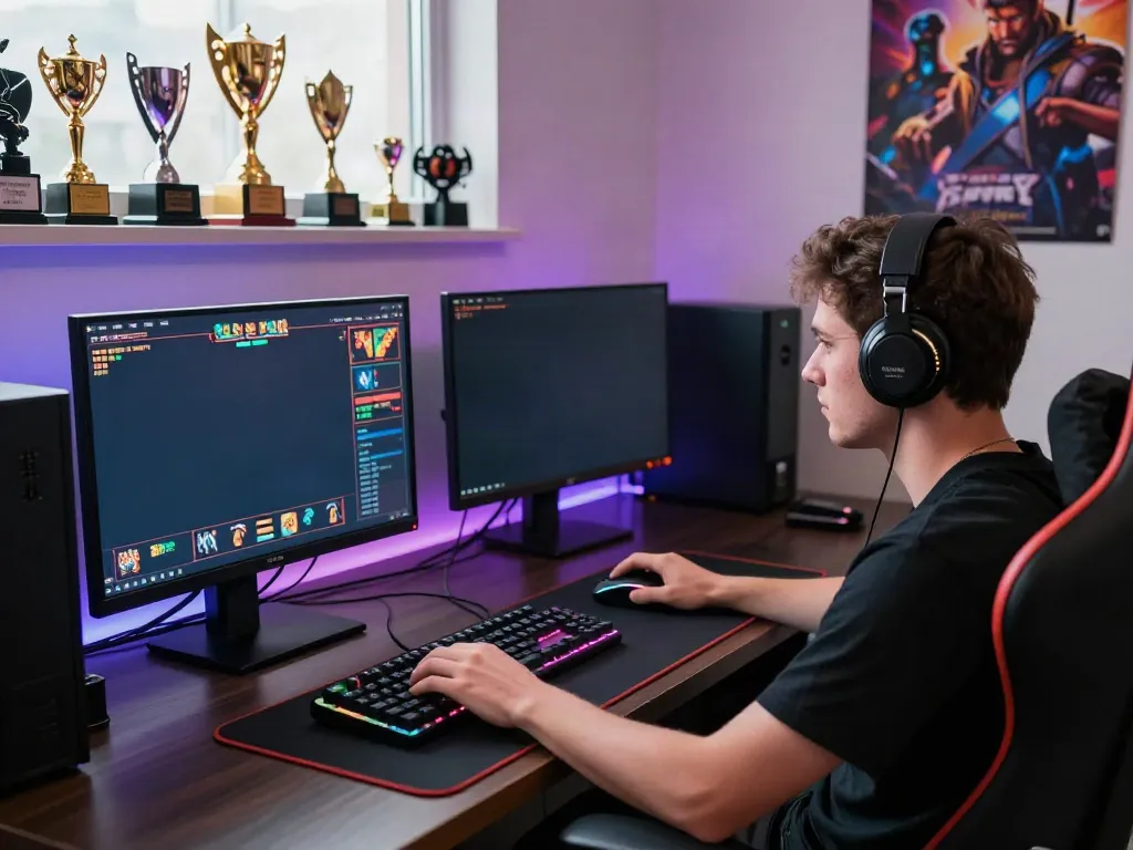 Competitive online gaming setup with slot game graphics, RGB lighting, and dedicated gear showcasing akunjp gaming experience.