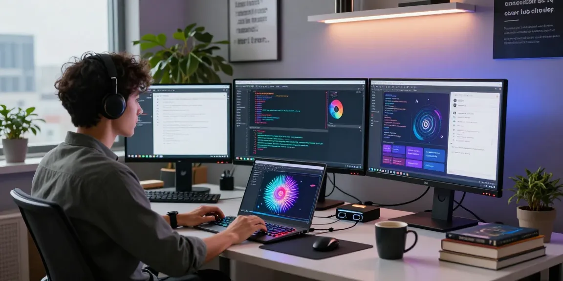 Dynamic workspace for kobold ai development with multiple monitors and programming tools.