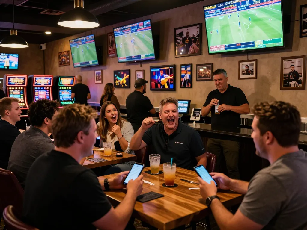 Patrons placing bets on their mobile devices at CasinoAtlas-supported sports bar, lively atmosphere