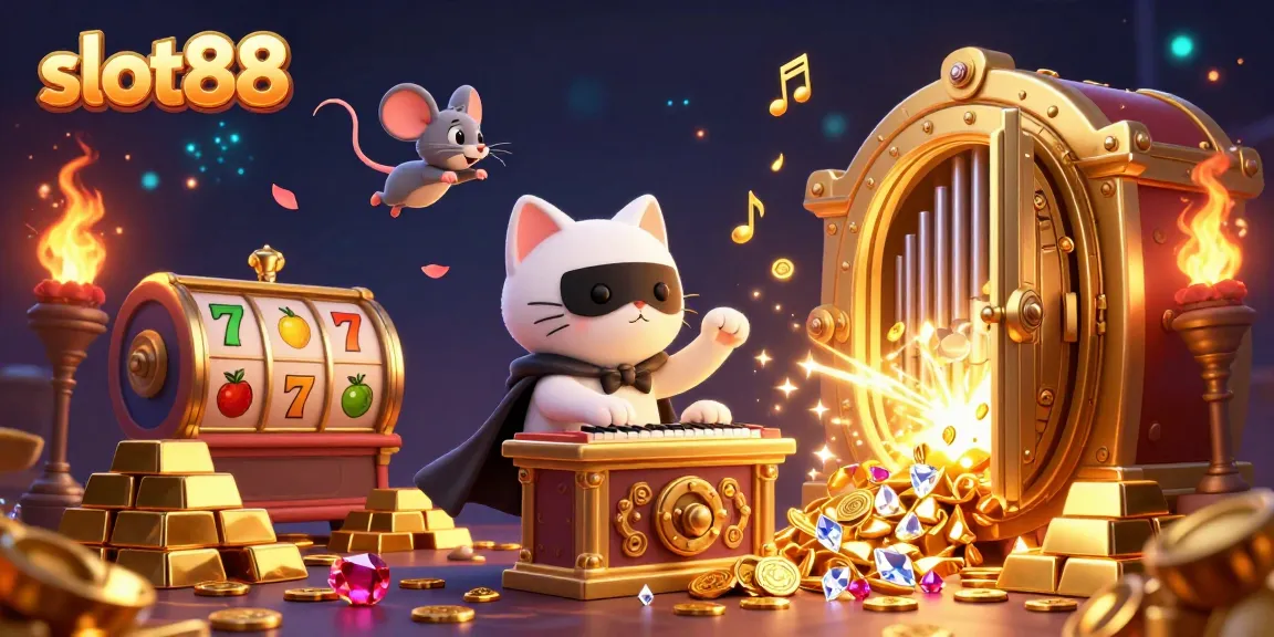 Spin to win with slot88 at a vibrant casino scene filled with treasures and energetic characters.