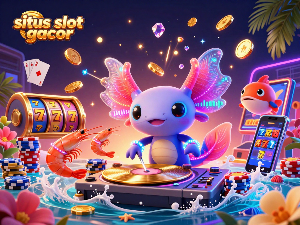 Engage with the vibrant world of situs slot gacor featuring a neon axolotl DJ and dynamic slot elements.