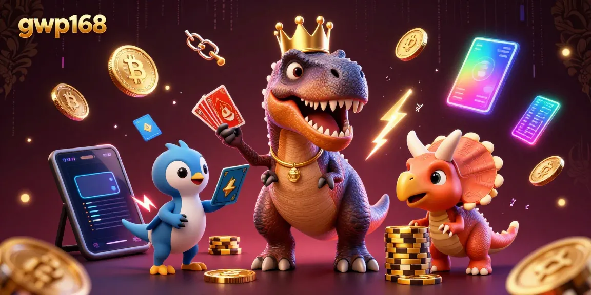 Menggandakan chip dengan gwp168 sementara T-Rex dan pterosaurus bermain kartu di kasino digital.