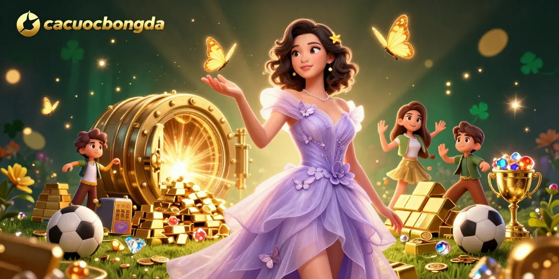 Engage with cacuocbongda's vibrant sports betting scene, where gold light bursts from a treasure vault amidst dynamic game elements.