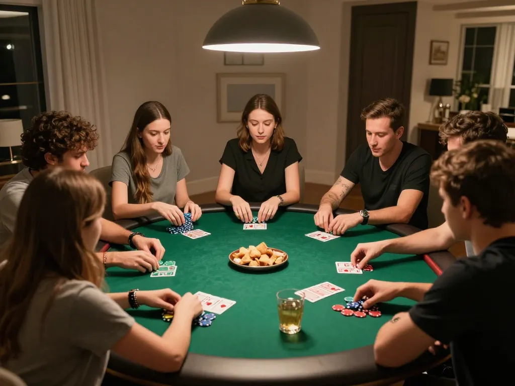 Players enjoying a strategic Poker88 game night with cards and chips on a well-lit round table.