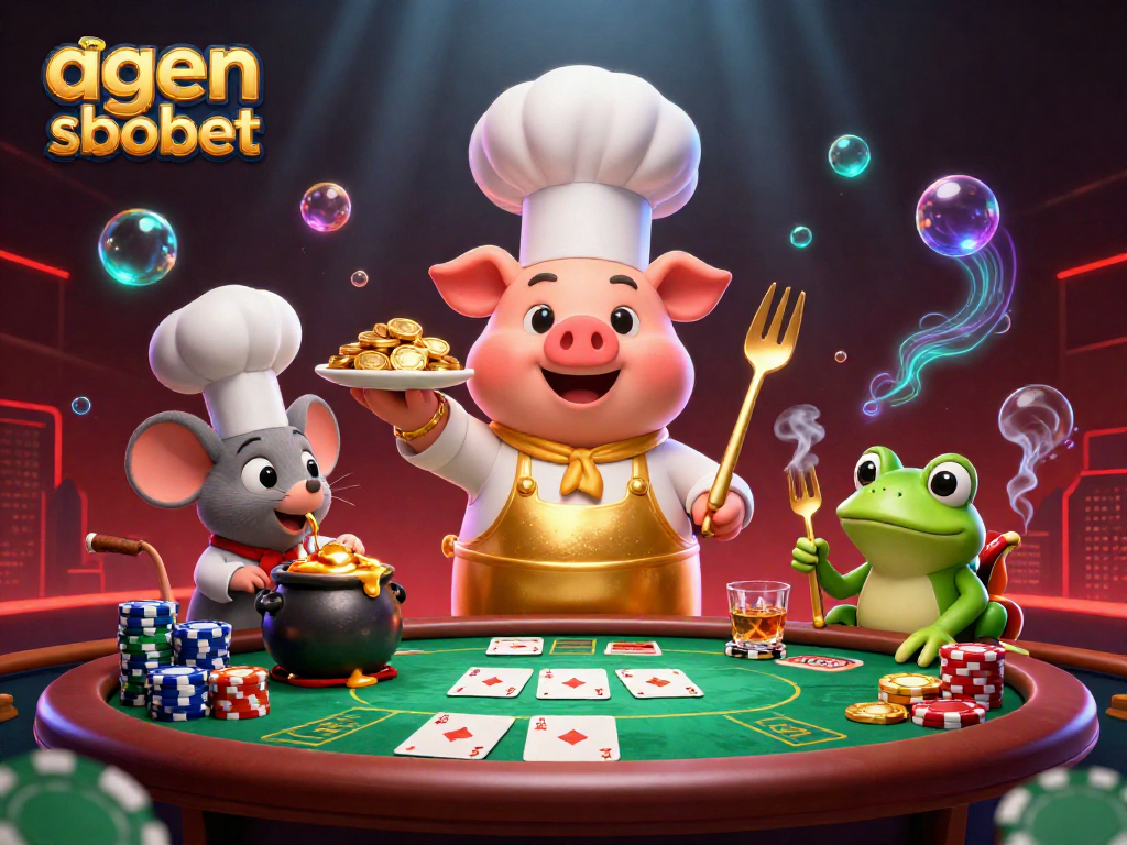 Engage with agen sbobet through a vibrant casino scene featuring a chef pig, sous-chef mouse, and critic frog.