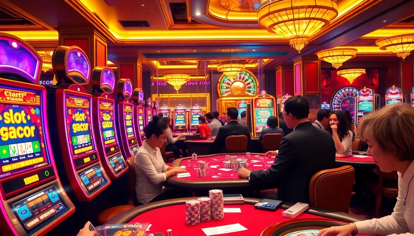 Experience the excitement of slot gacor with vibrant machines and engaged players in a luxurious casino setting.