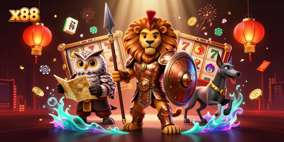 X88 showcases a dynamic casino scene with a Spartan lion, owl strategist, and greyhound, featuring vibrant slot game elements.