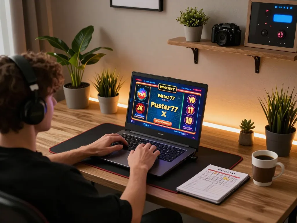 Engaging in Wstar77 online gaming experience at home setup with laptop and strategy notes