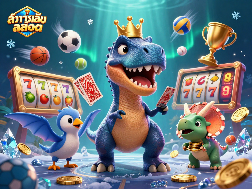 Engage in ทดลองเล่นสล็อต with a vibrant 3D casino scene featuring dinosaur characters and dynamic game elements.