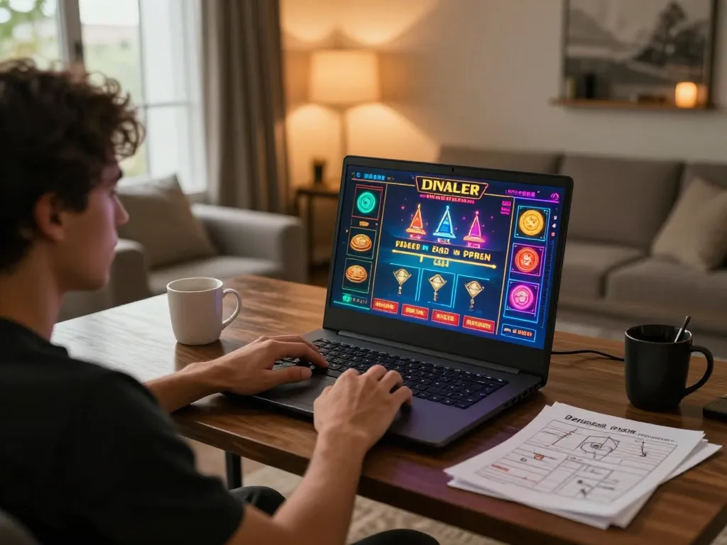 iwin player strategizing with laptop and coffee, immersed in online casino experience.