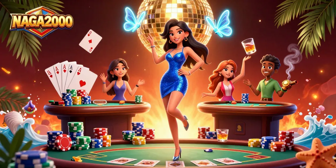 NAGA2000 menampilkan suasana malam kasino biru elektrik dengan seorang wanita glamor, elemen poker, dan detail yang penuh warna.