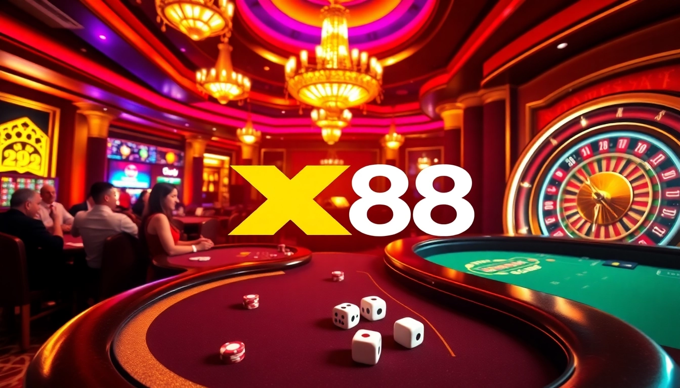 Engaged players at a poker table featuring XX88 logo, chips, and casino excitement.