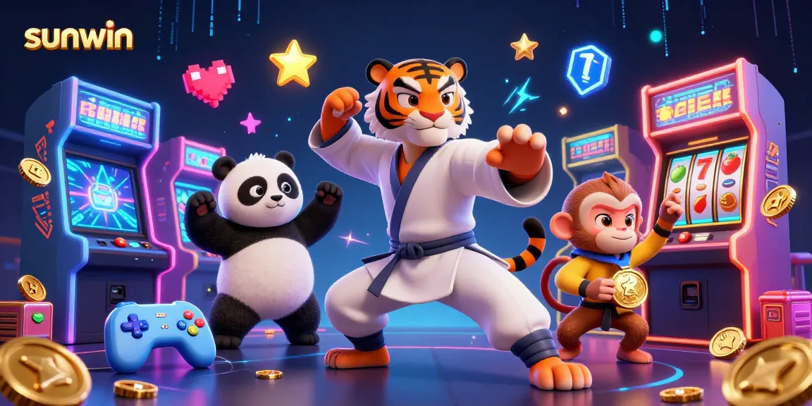 Engage with the sunwin casino scene featuring playful characters and vibrant slot machine elements.