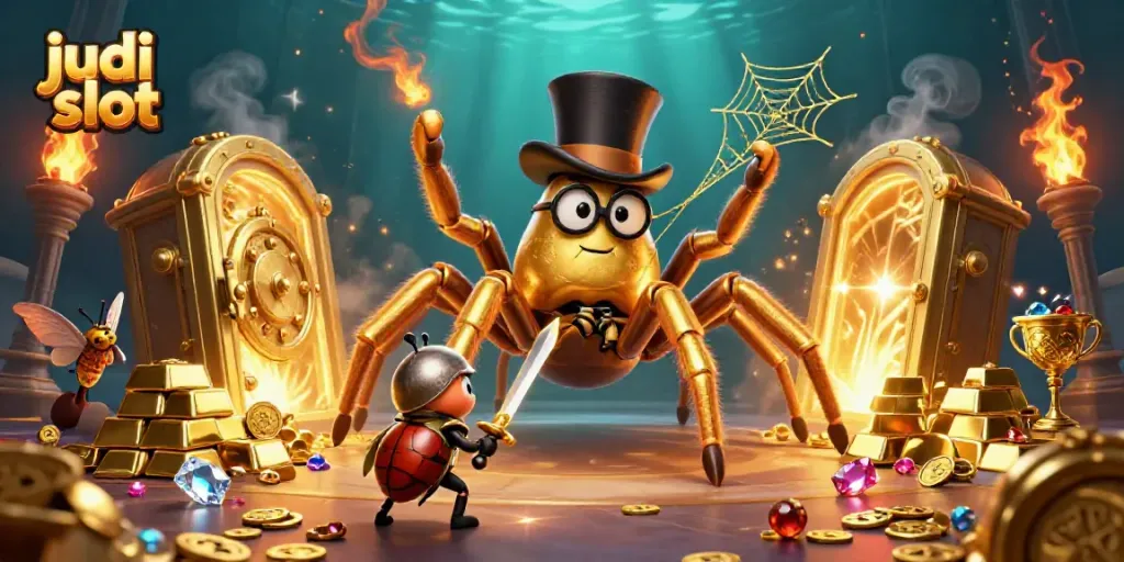 Gambar judi slot dengan tarantula emas dan ksatria kecil dalam dekorasi kasino yang meriah.