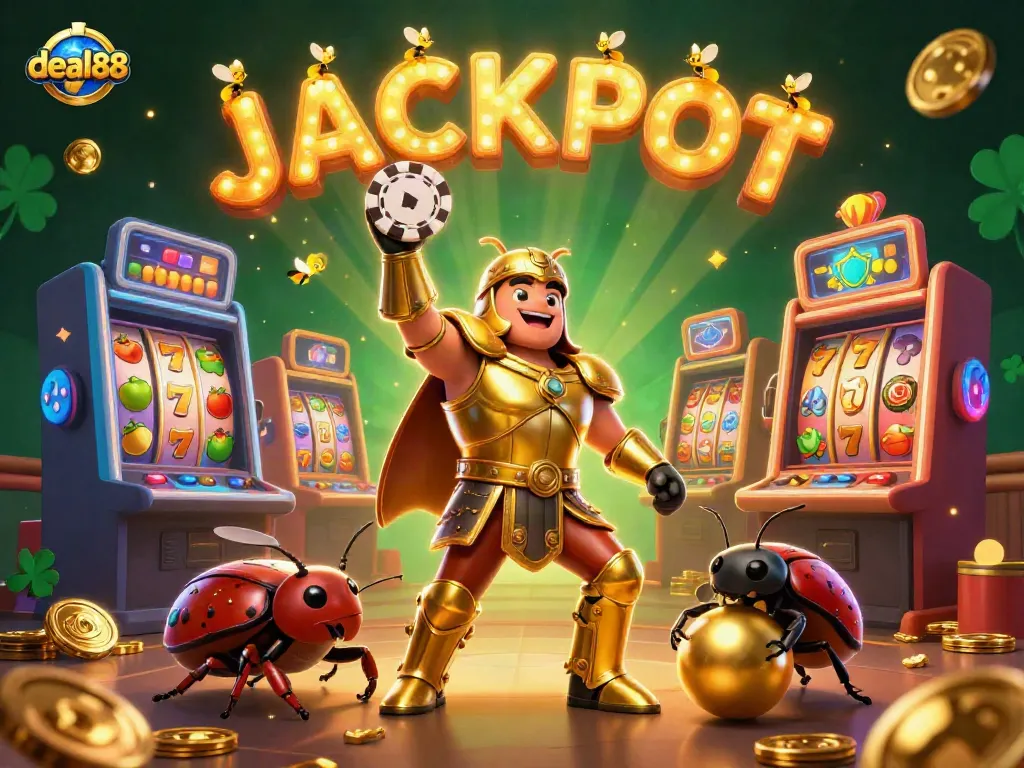 Engage with deal88 in this vibrant casino scene showcasing a victorious beetle lifting chips amidst colorful slot machines.