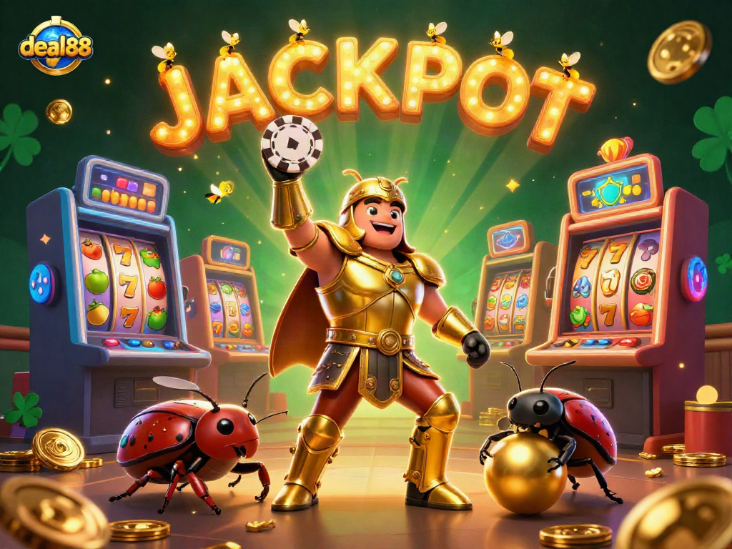 Engage with deal88 in this vibrant casino scene showcasing a victorious beetle lifting chips amidst colorful slot machines.